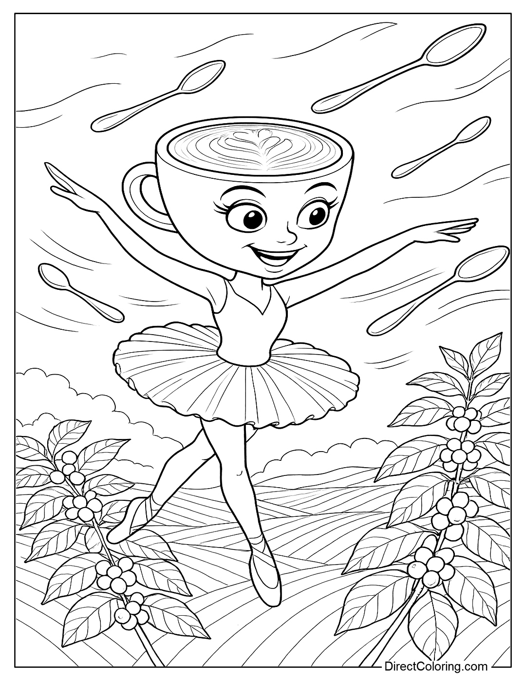a coloring page of Cappuccina flying over a coffee field with a spinning flying spoon